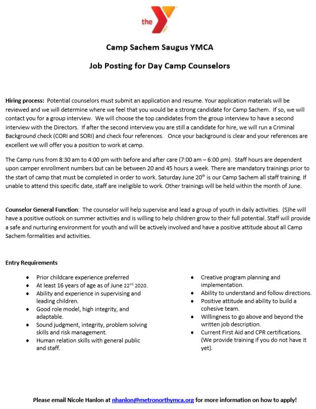 Saugus YMCA Summer Jobs Lynn English High Guidance Department